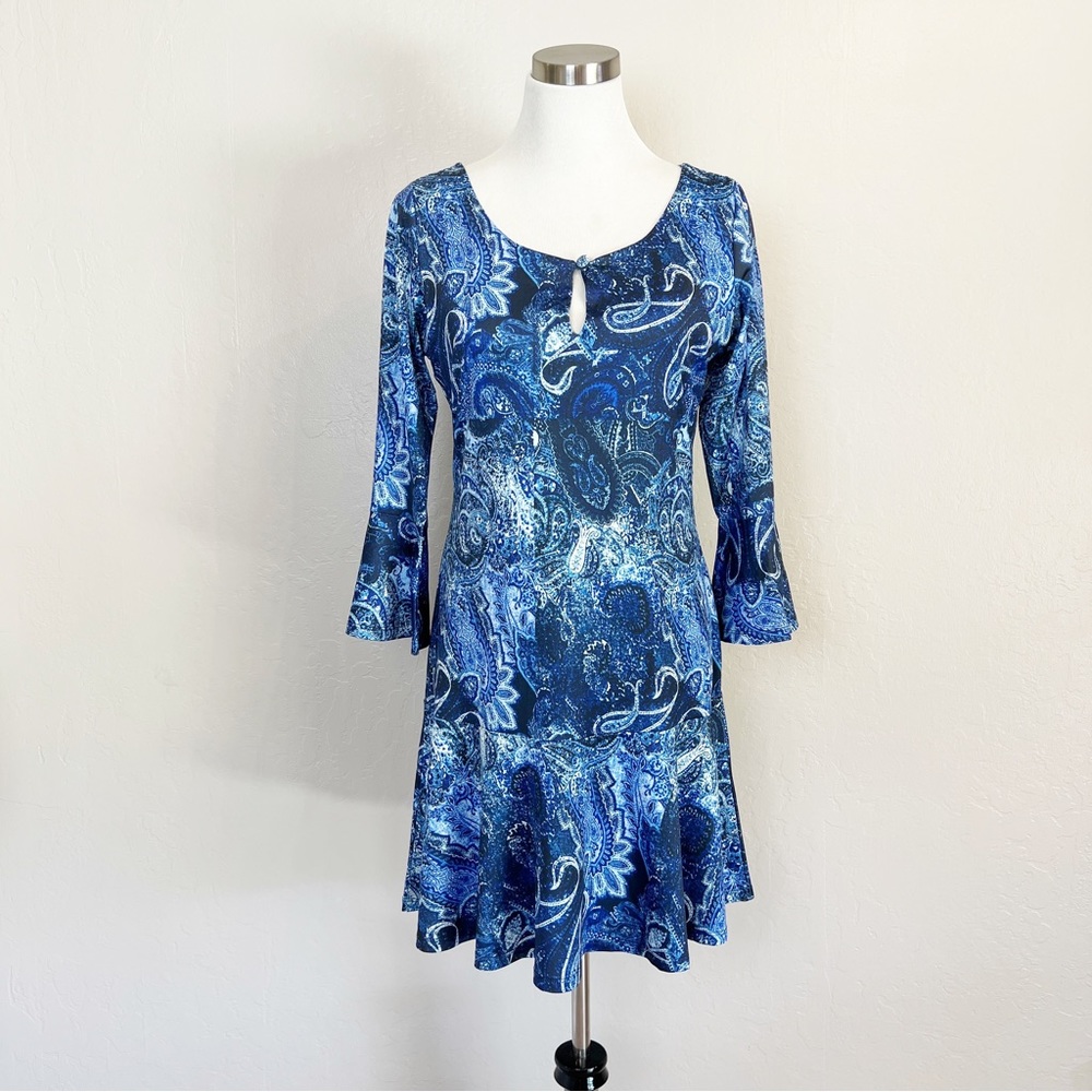 •HIPPIE GUILT• Blue Paisley Print Scoop Neck‎ A-Line Dress Size Small Bohemian